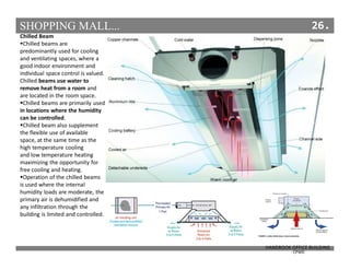 SHOPPING MALL... 26.
Chilled Beam
Chilled beams are
predominantly used for cooling
and ventilating spaces, where a
good indoor environment and
individual space control is valued.
Chilled beams use water to
remove heat from a room and
are located in the room space.
Chilled beams are primarily used
in locations where the humidity
can be controlled.
Chilled beam also supplement
the flexible use of available
space, at the same time as the
high temperature cooling
and low temperature heating
maximizing the opportunity for
free cooling and heating.
Operation of the chilled beams
is used where the internal
humidity loads are moderate, the
primary air is dehumidified and
any infiltration through the
building is limited and controlled.
HANDBOOK OFFICE BUILDING
- CPWD
Chilled Beam
 