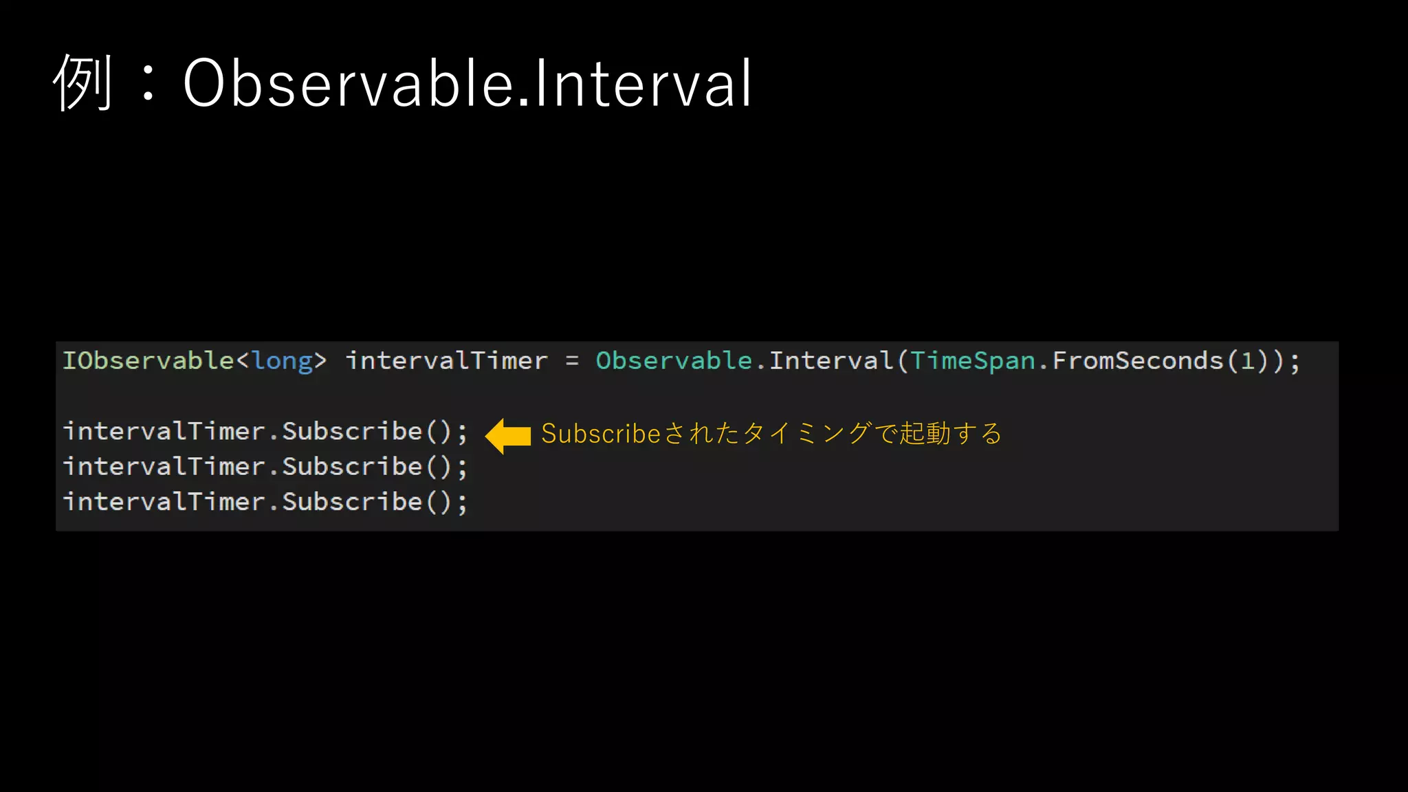 例：Observable.Interval
Subscribeされたタイミングで起動する
 