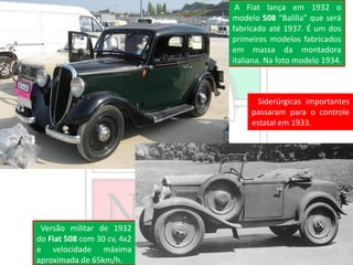 A Fiat lança em 1932 o
modelo 508 “Balilla” que será
fabricado até 1937. É um dos
primeiros modelos fabricados
em massa da montadora
italiana. Na foto modelo 1934.
Versão militar de 1932
do Fiat 508 com 30 cv, 4x2
e velocidade máxima
aproximada de 65km/h.
Siderúrgicas importantes
passaram para o controle
estatal em 1933.
 