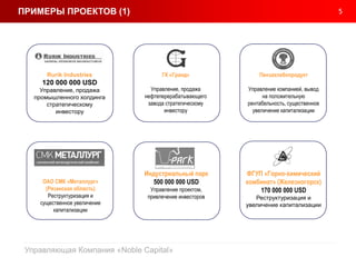5
Управляющая Компания «Noble Capital»
Rurik Industries
120 000 000 USD
Управление, продажа
промышленного холдинга
стратегическому
инвестору
ГК «Гранд»
Управление, продажа
нефтеперерабатывающего
завода стратегическому
инвестору
ФГУП «Горно-химический
комбинат» (Железногорск)
170 000 000 USD
Реструктуризация и
увеличение капитализации
Индустриальный парк
500 000 000 USD
Управление проектом,
привлечение инвесторов
ОАО СМК «Металлург»
(Рязанская область)
Реструктуризация и
существенное увеличение
капитализации
Пензахлебопродукт
Управление компанией, вывод
на положительную
рентабельность, существенное
увеличение капитализации
ПРИМЕРЫ ПРОЕКТОВ (1)
 