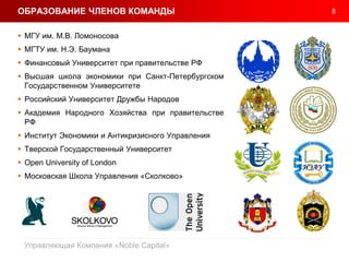 8
Управляющая Компания «Noble Capital»
ОБРАЗОВАНИЕ ЧЛЕНОВ КОМАНДЫ
 МГУ им. М.В. Ломоносова
 МГТУ им. Н.Э. Баумана
 Финансовый Университет при правительстве РФ
 Высшая школа экономики при Санкт-Петербургском
Государственном Университете
 Российский Университет Дружбы Народов
 Академия Народного Хозяйства при правительстве
РФ
 Институт Экономики и Антикризисного Управления
 Тверской Государственный Университет
 Open University of London
 Московская Школа Управления «Сколково»
 