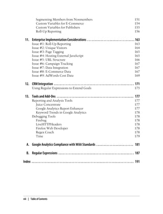Segmenting Members from Nonmembers 151
Custom Variables for E-Commerce 154
Custom Variables for Publishers 155
Roll-Up Reporting 156
11. Enterprise Implementation Considerations . . . . . . . . . . . . . . . . . . . . . . . . . . . . . . . . 163
Issue #1: Roll-Up Reporting 163
Issue #2: Unique Visitors 164
Issue #3: Page Tagging 165
Issue #4: Hosting External JavaScript 165
Issue #5: URL Structure 166
Issue #6: Campaign Tracking 167
Issue #7: Data Integration 167
Issue #8: E-Commerce Data 167
Issue #9: AdWords Cost Data 169
12. CRM Integration . . . . . . . . . . . . . . . . . . . . . . . . . . . . . . . . . . . . . . . . . . . . . . . . . . . . . . 171
Using Regular Expressions to Extend Goals 175
13. Tools and Add-Ons . . . . . . . . . . . . . . . . . . . . . . . . . . . . . . . . . . . . . . . . . . . . . . . . . . . . 177
Reporting and Analysis Tools 177
Juice Concentrate 177
Google Analytics Report Enhancer 177
Keyword Trends in Google Analytics 178
Debugging Tools 178
Firebug 178
LiveHTTPHeaders 178
Firefox Web Developer 178
Regex Coach 178
Time 179
A. Google Analytics Compliance with WAA Standards . . . . . . . . . . . . . . . . . . . . . . . . . 181
B. Regular Expressions . . . . . . . . . . . . . . . . . . . . . . . . . . . . . . . . . . . . . . . . . . . . . . . . . . . 187
Index . . . . . . . . . . . . . . . . . . . . . . . . . . . . . . . . . . . . . . . . . . . . . . . . . . . . . . . . . . . . . . . . . . . . . 191
viii | Table of Contents
 