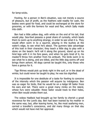 for lamp-wicks.
Fowling, for a person in Ben’s situation, was not merely a source
of pleasure, but of profit, as the feathers sold readily for cash, the
bodies were good for food, and could be exchanged at the store for
groceries, or with the farmers for wool and flax, which Sally made
into cloth.
Ben had a little yellow dog, with white on the end of his tail, that
would play. Sea-fowl possess a great share of curiosity, which leads
them to swim up to anything strange, in order to see what it is. They
would often swim in to a squirrel, playing in the bushes at the
water’s edge, to see what he’s about. The gunners take advantage
of this trait in their character; they teach a little dog to play with a
stone on the beach: he’ll roll it along the ground, stand up on his
hind legs with it in his fore paws, and when he gets tired of it, his
master’ll throw him another from his ambush. The birds swim in to
see what he is doing, and are killed, and the little dog swims off and
brings them ashore. All dogs cannot be taught this, only those who
have a genius for it.
Tige Rhines would pick up birds right in the surf, or in the dead of
winter, but could never be taught to play; he was too dignified.
It is impossible for one destitute of a taste for fowling to conceive
of the intensity which the passion will acquire by indulgence. Ben
was so eager for birds, that he would lie on a ledge till Sailor froze
his ears and tail. There were a great many minks on the island,
whose furs were valuable: these Sailor would track to their holes,
when Ben would smoke them out.
The widow Hadlock had brought up her family to cherish a great
reverence for the Lord’s day. Ben had been trained by his mother in
the same way; but, after leaving home, he, like most seafaring men,
carried a traveller’s conscience, and did many things on that day
which would not have met her approval.
 