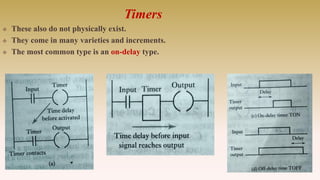 Timers
 These also do not physically exist.
 They come in many varieties and increments.
 The most common type is an on-delay type.
 