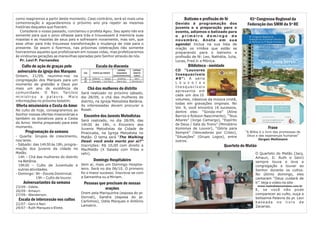 Escala da diaconia
Chá das mulheres do distrito
Encontro dos Juvenis Metodistas
Domingo Hospitaleiro
Pessoas que precisam de nossas
orações
Será realizado no próximo sábado,
dia 28/09, o chá das mulheres do
distrito, na Igreja Metodista Betânia.
As interessadas devem procurar a
Roseli.
Será realizado, no dia 28/09, das
14h30 às 18h, o Encontro dos
Juvenis Metodistas da Cidade de
Piracicaba, na Igreja Metodista no
Matão. O tema será “
Inscrições: R$ 10,00 com direito a
MacMatão (X Salada com fritas e
refri).
Vem aí, mais um Domingo Hospita-
leiro. Será no dia 06/10. O primeiro
foi o maior sucesso. Inscreva-se com
a Samantha ou a Miriam.
Antônio
Lamatriz.
The Walking
Dead: você anda morto por aí?”
Orem pela Mariquinha (esposa do pr.
Dorival), Sandra (esposa do pr.
Carlinhos), Odila Marques e
Culto de ação de graças pelo
aniversário da igreja dos Marques
Oferta missionária e Cesta do Amor
Programação da semana
Aniversariantes da semana
Escala de intercessão nos cultos
Ontem, 21/09, reunimo-nos na
congregação dos Marques para um
momento de gratidão a Deus por
mais um ano de existência da
comunidade. O Rev. Tarcísio
m i n i s t r o u a p a l a v ra . M a i s
informações no próximo boletim.
No culto de hoje, consagraremos ao
Senhor nossas ofertas missionárias e
também os donativos para a Cesta
do Amor. Venha preparado para este
momento.
- Quarta: Grupos de crescimento,
nos lares.
- Sábado: das 14h30 às 18h, progra–
mação dos juvenis da cidade no
Matão.
14h – Chá das mulheres do distrito
na Betânia.
19h30 – Culto de Juventude e
outras atividades.
- Domingo: 9h - Escola Dominical.
19h – Culto de louvor.
23/09 - Odete.
26/09 - Amauri.
27/09 - Wanderson.
22/07 - Geni e Nair.
29/07 - Ruth Marques e Eliete.
Batismo e profissão de fé
Biblioteca - novidade
Devido à programação dos
juvenis e a preparação para o
evento, adiamos o batizado para
o p r i m e i r o d o m i n g o d e
novembro. Anote em sua
agenda!
CD “Louvores
Inesquecíveis
#9”:
Inclua na sua lista de
oração os irmãos que estão se
preparando para o batismo e
profissão de fé: Leo, Nathália, Julia,
Lucas, Fred Jr. e Mônica.
A série
L o u v o r e s
I n e s q u e c í ve i s
apresenta em
cada um dos 10
volumes, clássicos da música cristã,
todas em gravações originais. No
Vol. 9, você encontra 16 sucessos,
dentre eles: “Sonda-me” (Aline
Barros e Robson Nascimento), “Teus
Altares” (Jorge Camargo), “Espírito
de Deus / Sala do Trono” (Ministério
Koinonya de Louvor), “Glória para
Sempre” (Vencedores por Cristo),
“Situações” (Grupo Logos), entre
outros.
41º Congresso Regional da
Federação das SMM da 5ª RE
Frase
“A Bílbia é o livro das promessas de
Deus e das esperanças humanas”
Jürgen Moltmann
como reagiremos a partir deste momento. Caso contrário, será só mais uma
comemoração e aguardaremos o próximo ano pra repetir as mesmas
histórias daqueles que fizeram.
Considerai o vosso passado, conclamou o profeta Ageu. Seu apelo não era
somente para que o povo olhasse para trás e trouxessem à memória suas
mazelas e as mazelas de seus pais e sofressem novamente, mas sim, que
esse olhar para trás trouxesse transformação e mudança de vida para o
presente. Se assim o fizermos, nas próximas celebrações não somente
honraremos aqueles que profetizaram em nossas vidas, mas profetizaremos
às vindouras gerações as maravilhas operadas pelo Senhor através de nós.
Pr. Levi P. Fernandes
DIA PORTA DA FRENTE
LATERAL
ESQUERDA
(estacionamento)
LATERAL
DIREITA
(salas)
22 Edilaine Izaque Jonathas Geni
29 Elisangela José Reis Maria (Lia) Wanderson
Quarteto do Matão
O Quarteto do Matão (Jacy,
Amauri, D. Ruth e Geni)
sempre louva e leva a
congregação a louvar ao
Senhor durante os cultos.
No último domingo, eles
cantaram “Deus cuidará de
ti”. Veja o vídeo no site
E, se você não pode
comparecer ao culto, ouça a
belíssima Palavra do pr. Levi
baseada no livro de
Zacarias.
www.metodistanomatao.com.br
 