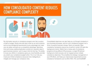 No information security or compliance program ever has a surplus
of staff or budget. Doing more with less is both an art and a science,
and turning overlapping requirements to your advantage can make
your job easier and give you a competitive advantage. Spending
time and money creating duplicative controls isn’t anyone’s idea of
good business practice—yet it’s easy to fall into that trap. The ability
to reuse your efforts in compliance gives you more ﬂexibility and lets
you stretch your compliance budget further. This in turn lets you
invest your limited compliance resources more intelligently to
mitigate and manage your company’s risks.
Consolidated objectives can also help you cut through complexity in
your business processes, and turn your compliance program into a
driver of positive business change. Here’s an example. Most
compliance frameworks require you to perform certain HR tasks like
background checks. Rather than a messy web of compliance
programs driving different HR processes, a single HR-deﬁned
background check process can be mapped across multiple
compliance objectives. This simpliﬁes the strategic management of
your HR efforts, and helps you meet diverse requirements across
compliance frameworks such as ISO 27001, PCI, and FedRAMP.
6
HOW CONSOLIDATED CONTENT REDUCES
COMPLIANCE COMPLEXITY
 