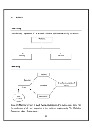 VII.   Finance




I. Marketing

The Marketing Department at CG Malanpur Division operates in basically two modes:

                                    Marketing




          Tendering                                      Execution




Tendering



                                     Customers


                     Quotation
                                                         Order Received (Letter of
                                     Marketing                   Intent)
                  Design




        Bill of                     Specification
       Material


Since CG Malanpur division is a Job-Type production unit, the division takes order from
the customers which vary according to the customer requirements. The Marketing
Department takes following steps:

                                             23
 