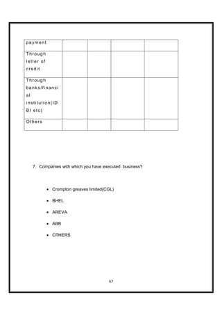 payment

Through
letter of
credit

Through
banks/financi
al
institution(ID
BI etc)

Others




     7. Companies with which you have executed business?




            • Crompton greaves limited(CGL)

            • BHEL

            • AREVA

            • ABB

            • OTHERS




                                        67
 