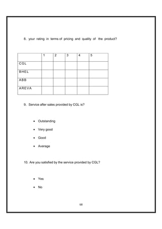 8. your rating in terms of pricing and quality of the product?




                 1      2     3        4       5

CGL

BHEL

ABB

AREVA




 9. Service after sales provided by CGL is?




        •   Outstanding

        •   Very good

        •   Good

        •   Average




 10. Are you satisfied by the service provided by CGL?




        •   Yes

        •   No




                                       68
 