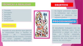 TÉCNICAS A REALIZAR
• Trozado
• Arrugado
• Armado
• Plegado
• Rasgado
• Entorchado
Trozado es una técnica que ejercita
la motricidad fina y facilita el
control de movimientos
coordinados de las manos. Consiste
en cortar papeles pequeños
utilizando los dedos índice y pulgar.
TROZADO
Es lograr precisión digital
la inhibición del control
digital y dominio del
espacio grafico
OBJETIVO
PROCEDIMIENTO
El estudiante trabajará con las
siguientes láminas para: trozar
libremente y pegar en toda la
hoja, en forma separada,
siguiendo una línea, un orden, el
contorno de una imagen, en el
interior de una imagen
 