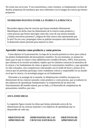 No	existe	una	sin	la	otra.	Y	esa	característica,	como	veremos,	es	fundamental	a	la	hora	de
diseñar	propuestas	de	enseñanza	que	sean	coherentes	con	la	imagen	de	ciencia	que	hemos
propuesto.
TENDIENDO	PUENTES	ENTRE	LA	TEORÍA	Y	LA	PRÁCTICA
Recuerden	alguna	clase	de	ciencias	que	hayan	enseñado	últimamente.
Identifiquen	en	dicha	clase	las	dimensiones	de	la	ciencia	como	producto	y
como	proceso	que	hemos	descripto	como	dos	caras	de	una	misma	moneda.
¿Ambas	estuvieron	presentes?	¿Alguna	de	ellas	estuvo	más	representada	que
la	otra?	En	ese	caso,	propongan	cómo	se	podrían	incorporar	más	elementos	de
la	dimensión	menos	presente	para	mejorar	la	clase.
Aprender	ciencias	como	producto	y	como	proceso
Como	dijimos	en	la	presentación,	la	etapa	de	la	escuela	primaria	es	clave	para	colocar
las	piedras	fundamentales	del	pensamiento	científico.	En	ese	momento,	se	sientan	las
bases	para	lo	que	se	conoce	como	alfabetización	científica	(Fourez,	1997).	Este	proceso,
que	culmina	en	la	escuela	secundaria,	implica	que	los	alumnos	conozcan	la	naturaleza	de
la	ciencia	y	los	fundamentos	de	cómo	se	genera	el	conocimiento	científico,	y	que	aprendan
no	sólo	conceptos,	sino	competencias	relacionadas	con	el	modo	de	hacer	y	pensar	de	la
ciencia	que	les	permitan	participar	como	ciudadanos	críticos	y	responsables	en	un	mundo
en	el	que	la	ciencia	y	la	tecnología	juegan	un	rol	fundamental.
Volviendo	a	la	analogía	de	la	moneda,	la	alfabetización	científica	incorpora	las
dimensiones	de	las	ciencias	naturales	como	producto	y	como	proceso,	que	se	traducen	en
dos	objetivos	de	aprendizaje	fundamentales:	la	comprensión	de	las	bases	del
funcionamiento	del	mundo	natural,	por	un	lado,	y	el	desarrollo	de	competencias	de
pensamiento	científico,	por	otro.
ANCLANDO	IDEAS
La	siguiente	figura	resume	las	ideas	que	hemos	planteado	acerca	de	las
dimensiones	de	las	ciencias	naturales	y	los	objetivos	de	aprendizaje	que	se
desprenden	de	cada	una.
OBJETIVOS	DE
APRENDIZAJE
DIMENSIONES	DE	LAS
CIENCIAS	NATURALES
OBJETIVOS	DE
APRENDIZAJE
 