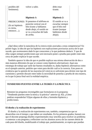 posibles	del
fenómeno).
volver	a	subir. debe	estar
tirante.
PREDICCIONES
(Si	mi	hipótesis
es	cierta,
entonces…).
Hipótesis	1:
Si	ponemos	el	teléfono	en
posición	vertical	con	el
hilo	tirante	y	hablamos
desde	abajo,	el	sonido	no
se	va	a	escuchar	del	lado
de	arriba.
Hipótesis	2:
El	sonido	se	va	a
escuchar	siempre
que	el	hilo	esté
tirante	(aunque
hablemos	desde
abajo).
¿Qué	ideas	sobre	la	naturaleza	de	la	ciencia	están	asociadas	a	estas	competencias?	En
primer	lugar,	la	idea	de	que	las	hipótesis	son	explicaciones	provisorias	acerca	de	lo	que
sucede,	que	aventuramos	dado	lo	que	conocemos	y	lo	que	podemos	deducir.	Y	que	de
ellas	surgen	siempre	predicciones	que	será	necesario	poner	a	prueba	para	poder	estár	más
cerca	de	poder	explicar	lo	que	sucede.
También	aparece	la	idea	de	que	es	posible	explicar	una	misma	observación	de	dos	o
más	maneras	diferentes	(lo	que	se	conoce	como	hipótesis	alternativas).	Aquí	una
estrategia	de	trabajo	que	suele	dar	buenos	resultados	es,	dadas	hipótesis	alternativas	como
en	el	ejemplo	anterior,	pedirles	que	voten	para	decidir	cuál	es	la	correcta.	Esto	pone	en
evidencia	que	la	opinión	de	las	mayorías	(el	voto)	no	es	suficiente	para	dirimir	este	tipo	de
cuestiones	y	permite	discutir	entre	todos	la	necesidad	de	ponerlas	a	prueba	de	otra	manera,
en	la	que	la	jueza	final	será	la	realidad	empírica.
TENDIENDO	PUENTES	ENTRE	LA	TEORÍA	Y	LA	PRÁCTICA
Retomen	las	preguntas	investigables	que	formularon	en	la	propuesta
“Tendiendo	puentes	entre	la	teoría	y	la	práctica”	anterior	(p.	82).	¿Cómo
podrían	responderlas?	Elijan	algunas	de	ellas	y	formulen	hipótesis	y
predicciones.
El	diseño	y	la	realización	de	experimentos
El	diseño	y	la	realización	de	experimentos	son,	también,	competencias	que	se
desarrollan	con	el	tiempo	y	que	deben	ser	enseñadas.	En	los	primeros	grados,	bastará	con
que	el	docente	proponga	diseños	experimentales	muy	sencillos	para	resolver	un	problema
o	contestar	a	una	pregunta	y	reflexione	con	los	alumnos	acerca	de	las	razones	detrás	de
cada	paso	del	diseño,	modelizando	el	trabajo	que,	paulatinamente,	se	espera	que	puedan
 