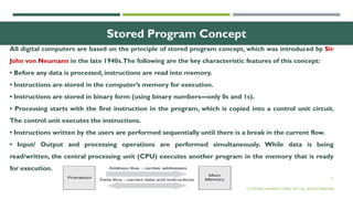 13
Stored Program Concept
All digital computers are based on the principle of stored program concept, which was introduced by Sir
John von Neumann in the late 1940s.The following are the key characteristic features of this concept:
• Before any data is processed, instructions are read into memory.
• Instructions are stored in the computer’s memory for execution.
• Instructions are stored in binary form (using binary numbers—only 0s and 1s).
• Processing starts with the first instruction in the program, which is copied into a control unit circuit.
The control unit executes the instructions.
• Instructions written by the users are performed sequentially until there is a break in the current flow.
• Input/ Output and processing operations are performed simultaneously. While data is being
read/written, the central processing unit (CPU) executes another program in the memory that is ready
for execution.
© OXFORD UNIVERSITY PRESS 2017. ALL RIGHTS RESERVED.
 