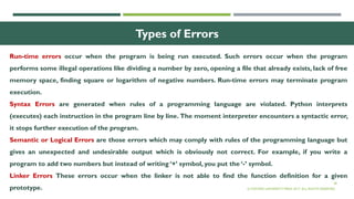 38
Types of Errors
Run-time errors occur when the program is being run executed. Such errors occur when the program
performs some illegal operations like dividing a number by zero, opening a file that already exists, lack of free
memory space, finding square or logarithm of negative numbers. Run-time errors may terminate program
execution.
Syntax Errors are generated when rules of a programming language are violated. Python interprets
(executes) each instruction in the program line by line. The moment interpreter encounters a syntactic error,
it stops further execution of the program.
Semantic or Logical Errors are those errors which may comply with rules of the programming language but
gives an unexpected and undesirable output which is obviously not correct. For example, if you write a
program to add two numbers but instead of writing ‘+’ symbol, you put the ‘-’ symbol.
Linker Errors These errors occur when the linker is not able to find the function definition for a given
prototype. © OXFORD UNIVERSITY PRESS 2017. ALL RIGHTS RESERVED.
 