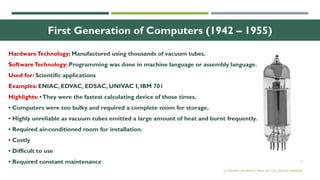 4
First Generation of Computers (1942 – 1955)
HardwareTechnology: Manufactured using thousands of vacuum tubes.
SoftwareTechnology: Programming was done in machine language or assembly language.
Used for: Scientific applications
Examples: ENIAC, EDVAC, EDSAC, UNIVAC I, IBM 701
Highlights: •They were the fastest calculating device of those times.
• Computers were too bulky and required a complete room for storage.
• Highly unreliable as vacuum tubes emitted a large amount of heat and burnt frequently.
• Required air-conditioned room for installation.
• Costly
• Difficult to use
• Required constant maintenance
© OXFORD UNIVERSITY PRESS 2017. ALL RIGHTS RESERVED.
 