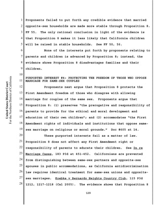 1   Proponents failed to put forth any credible evidence that married
                                           2   opposite-sex households are made more stable through Proposition 8.
                                           3   FF 55.   The only rational conclusion in light of the evidence is
                                           4   that Proposition 8 makes it less likely that California children
                                           5   will be raised in stable households.    See FF 50, 56.
                                           6               None of the interests put forth by proponents relating to
                                           7   parents and children is advanced by Proposition 8; instead, the
                                           8   evidence shows Proposition 8 disadvantages families and their
                                           9   children.
                                          10
For the Northern District of California




                                               PURPORTED INTEREST #4: PROTECTING THE FREEDOM OF THOSE WHO OPPOSE
                                          11   MARRIAGE FOR SAME-SEX COUPLES
    United States District Court




                                          12               Proponents next argue that Proposition 8 protects the
                                          13   First Amendment freedom of those who disagree with allowing
                                          14   marriage for couples of the same sex.    Proponents argue that
                                          15   Proposition 8: (1) preserves “the prerogative and responsibility of
                                          16   parents to provide for the ethical and moral development and
                                          17   education of their own children”; and (2) accommodates “the First
                                          18   Amendment rights of individuals and institutions that oppose same-
                                          19   sex marriage on religious or moral grounds.”    Doc #605 at 14.
                                          20               These purported interests fail as a matter of law.
                                          21   Proposition 8 does not affect any First Amendment right or
                                          22   responsibility of parents to educate their children.     See In re
                                          23   Marriage Cases, 183 P3d at 451-452.     Californians are prevented
                                          24   from distinguishing between same-sex partners and opposite-sex
                                          25   spouses in public accommodations, as California antidiscrimination
                                          26   law requires identical treatment for same-sex unions and opposite-
                                          27   sex marriages.   Koebke v Bernardo Heights Country Club, 115 P3d
                                          28   1212, 1217-1218 (Cal 2005).   The evidence shows that Proposition 8

                                                                                 129
 