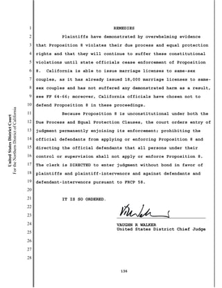 1                                  REMEDIES
                                           2              Plaintiffs have demonstrated by overwhelming evidence
                                           3   that Proposition 8 violates their due process and equal protection
                                           4   rights and that they will continue to suffer these constitutional
                                           5   violations until state officials cease enforcement of Proposition
                                           6   8.   California is able to issue marriage licenses to same-sex
                                           7   couples, as it has already issued 18,000 marriage licenses to same-
                                           8   sex couples and has not suffered any demonstrated harm as a result,
                                           9   see FF 64-66; moreover, California officials have chosen not to
                                          10   defend Proposition 8 in these proceedings.
For the Northern District of California




                                          11              Because Proposition 8 is unconstitutional under both the
    United States District Court




                                          12   Due Process and Equal Protection Clauses, the court orders entry of
                                          13   judgment permanently enjoining its enforcement; prohibiting the
                                          14   official defendants from applying or enforcing Proposition 8 and
                                          15   directing the official defendants that all persons under their
                                          16   control or supervision shall not apply or enforce Proposition 8.
                                          17   The clerk is DIRECTED to enter judgment without bond in favor of
                                          18   plaintiffs and plaintiff-intervenors and against defendants and
                                          19   defendant-intervenors pursuant to FRCP 58.
                                          20
                                          21              IT IS SO ORDERED.
                                          22
                                          23
                                          24                                   VAUGHN R WALKER
                                                                               United States District Chief Judge
                                          25
                                          26
                                          27
                                          28

                                                                                136
 