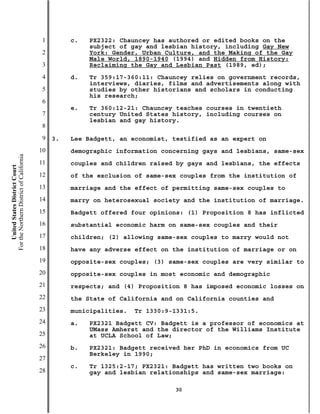 1        c.   PX2322: Chauncey has authored or edited books on the
                                                         subject of gay and lesbian history, including Gay New
                                           2             York: Gender, Urban Culture, and the Making of the Gay
                                                         Male World, 1890-1940 (1994) and Hidden from History:
                                           3             Reclaiming the Gay and Lesbian Past (1989, ed);
                                           4        d.   Tr 359:17-360:11: Chauncey relies on government records,
                                                         interviews, diaries, films and advertisements along with
                                           5             studies by other historians and scholars in conducting
                                                         his research;
                                           6
                                                    e.   Tr 360:12-21: Chauncey teaches courses in twentieth
                                           7             century United States history, including courses on
                                                         lesbian and gay history.
                                           8
                                           9   3.   Lee Badgett, an economist, testified as an expert on
                                          10        demographic information concerning gays and lesbians, same-sex
For the Northern District of California




                                          11        couples and children raised by gays and lesbians, the effects
    United States District Court




                                          12        of the exclusion of same-sex couples from the institution of
                                          13        marriage and the effect of permitting same-sex couples to
                                          14        marry on heterosexual society and the institution of marriage.
                                          15        Badgett offered four opinions: (1) Proposition 8 has inflicted
                                          16        substantial economic harm on same-sex couples and their
                                          17        children; (2) allowing same-sex couples to marry would not
                                          18        have any adverse effect on the institution of marriage or on
                                          19        opposite-sex couples; (3) same-sex couples are very similar to
                                          20        opposite-sex couples in most economic and demographic
                                          21        respects; and (4) Proposition 8 has imposed economic losses on
                                          22        the State of California and on California counties and
                                          23        municipalities.   Tr 1330:9-1331:5.
                                          24        a.   PX2321 Badgett CV: Badgett is a professor of economics at
                                                         UMass Amherst and the director of the Williams Institute
                                          25             at UCLA School of Law;
                                          26        b.   PX2321: Badgett received her PhD in economics from UC
                                                         Berkeley in 1990;
                                          27
                                                    c.   Tr 1325:2-17; PX2321: Badgett has written two books on
                                          28             gay and lesbian relationships and same-sex marriage:

                                                                                30
 
