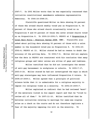 1   2547:7.   In 2001 Miller wrote that he was especially concerned that
                                           2   initiative constitutional amendments undermine representative
                                           3   democracy.    Tr 2546:14-2548:15.
                                           4                Plaintiffs questioned Miller on data showing 84 percent
                                           5   of those who attend church weekly voted yes on Proposition 8, 54
                                           6   percent of those who attend church occasionally voted no on
                                           7   Proposition 8 and 83 percent of those who never attend church voted
                                           8   no on Proposition 8.    Tr 2590:10-2591:7; PX2853 at 9 Proposition 8
                                           9   Local Exit Polls - Election Center 2008, CNN).        Plaintiffs also
                                          10   asked about polling data showing 56 percent of those with a union
For the Northern District of California




                                          11   member in the household voted yes on Proposition 8.       Tr 2591:25-
    United States District Court




                                          12   2592:6; PX2853 at 13.    Miller stated he had no reason to doubt the
                                          13   accuracy of the polling data.       Tr 2592:7-8.   Miller did not explain
                                          14   how the data in PX2853 are consistent with his conclusion that many
                                          15   religious groups and labor unions are allies of gays and lesbians.
                                          16                Miller testified that he did not investigate the extent
                                          17   of anti-gay harassment in workplaces or schools.       Tr 2600:7-17,
                                          18   2603:9-24.    Miller stated he had not investigated the ways in which
                                          19   anti-gay stereotypes may have influenced Proposition 8 voters.          Tr
                                          20   2608:19-2609:1.    Miller agreed that a principle of political
                                          21   science holds that it is undesirable for a religious majority to
                                          22   impose its religious views on a minority.       Tr 2692:16-2693:7.
                                          23                Miller explained on redirect that he had reviewed “most”
                                          24   of the materials listed in his expert report and that he “tried to
                                          25   review all of them.”    Tr 2697:11-16.     Miller testified that he
                                          26   believes initiatives relating to marriage for same-sex couples
                                          27   arise as a check on the courts and do not therefore implicate a
                                          28   fear of the majority imposing its will on the minority.       Tr

                                                                                    52
 
