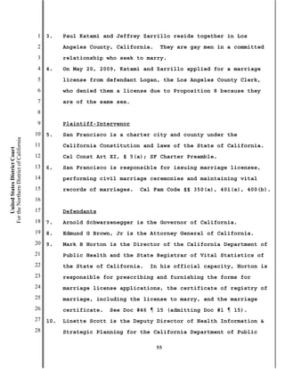 1   3.    Paul Katami and Jeffrey Zarrillo reside together in Los
                                           2         Angeles County, California.    They are gay men in a committed
                                           3         relationship who seek to marry.
                                           4   4.    On May 20, 2009, Katami and Zarrillo applied for a marriage
                                           5         license from defendant Logan, the Los Angeles County Clerk,
                                           6         who denied them a license due to Proposition 8 because they
                                           7         are of the same sex.
                                           8
                                           9         Plaintiff-Intervenor
                                          10   5.    San Francisco is a charter city and county under the
For the Northern District of California




                                          11         California Constitution and laws of the State of California.
    United States District Court




                                          12         Cal Const Art XI, § 5(a); SF Charter Preamble.
                                          13   6.    San Francisco is responsible for issuing marriage licenses,
                                          14         performing civil marriage ceremonies and maintaining vital
                                          15         records of marriages.   Cal Fam Code §§ 350(a), 401(a), 400(b).
                                          16
                                          17         Defendants
                                          18   7.    Arnold Schwarzenegger is the Governor of California.
                                          19   8.    Edmund G Brown, Jr is the Attorney General of California.
                                          20   9.    Mark B Horton is the Director of the California Department of
                                          21         Public Health and the State Registrar of Vital Statistics of
                                          22         the State of California.   In his official capacity, Horton is
                                          23         responsible for prescribing and furnishing the forms for
                                          24         marriage license applications, the certificate of registry of
                                          25         marriage, including the license to marry, and the marriage
                                          26         certificate.   See Doc #46 ¶ 15 (admitting Doc #1 ¶ 15).
                                          27   10.   Linette Scott is the Deputy Director of Health Information &
                                          28         Strategic Planning for the California Department of Public

                                                                                   55
 