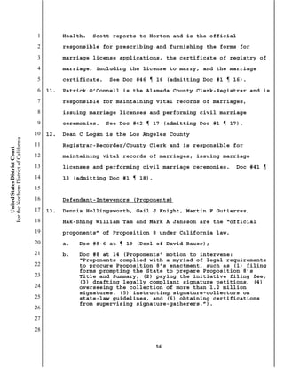 1         Health.   Scott reports to Horton and is the official
                                           2         responsible for prescribing and furnishing the forms for
                                           3         marriage license applications, the certificate of registry of
                                           4         marriage, including the license to marry, and the marriage
                                           5         certificate.   See Doc #46 ¶ 16 (admitting Doc #1 ¶ 16).
                                           6   11.   Patrick O’Connell is the Alameda County Clerk-Registrar and is
                                           7         responsible for maintaining vital records of marriages,
                                           8         issuing marriage licenses and performing civil marriage
                                           9         ceremonies.    See Doc #42 ¶ 17 (admitting Doc #1 ¶ 17).
                                          10   12.   Dean C Logan is the Los Angeles County
For the Northern District of California




                                          11         Registrar-Recorder/County Clerk and is responsible for
    United States District Court




                                          12         maintaining vital records of marriages, issuing marriage
                                          13         licenses and performing civil marriage ceremonies.   Doc #41 ¶
                                          14         13 (admitting Doc #1 ¶ 18).
                                          15
                                          16         Defendant-Intevenors (Proponents)
                                          17   13.   Dennis Hollingsworth, Gail J Knight, Martin F Gutierrez,
                                          18         Hak-Shing William Tam and Mark A Jansson are the “official
                                          19         proponents” of Proposition 8 under California law.
                                          20         a.   Doc #8-6 at ¶ 19 (Decl of David Bauer);
                                          21         b.   Doc #8 at 14 (Proponents’ motion to intervene:
                                                          “Proponents complied with a myriad of legal requirements
                                          22              to procure Proposition 8’s enactment, such as (1) filing
                                                          forms prompting the State to prepare Proposition 8’s
                                          23              Title and Summary, (2) paying the initiative filing fee,
                                                          (3) drafting legally compliant signature petitions, (4)
                                          24              overseeing the collection of more than 1.2 million
                                                          signatures, (5) instructing signature-collectors on
                                          25              state-law guidelines, and (6) obtaining certifications
                                                          from supervising signature-gatherers.”).
                                          26
                                          27
                                          28

                                                                                   56
 