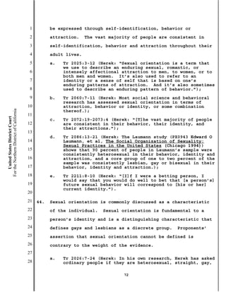 1         be expressed through self-identification, behavior or
                                           2         attraction.    The vast majority of people are consistent in
                                           3         self-identification, behavior and attraction throughout their
                                           4         adult lives.
                                           5         a.   Tr 2025:3-12 (Herek: “Sexual orientation is a term that
                                                          we use to describe an enduring sexual, romantic, or
                                           6              intensely affectional attraction to men, to women, or to
                                                          both men and women. It’s also used to refer to an
                                           7              identity or a sense of self that is based on one’s
                                                          enduring patterns of attraction. And it’s also sometimes
                                           8              used to describe an enduring pattern of behavior.”);
                                           9         b.   Tr 2060:7-11 (Herek: Most social science and behavioral
                                                          research has assessed sexual orientation in terms of
                                          10              attraction, behavior or identity, or some combination
For the Northern District of California




                                                          thereof.);
                                          11
    United States District Court




                                                     c.   Tr 2072:19-2073:4 (Herek: “[T]he vast majority of people
                                          12              are consistent in their behavior, their identity, and
                                                          their attractions.”);
                                          13
                                                     d.   Tr 2086:13-21 (Herek: The Laumann study (PX0943 Edward O
                                          14              Laumann, et al, The Social Organization of Sexuality:
                                                          Sexual Practices in the United States (Chicago 1994))
                                          15              shows that 90 percent of people in Laumann’s sample were
                                                          consistently heterosexual in their behavior, identity and
                                          16              attraction, and a core group of one to two percent of the
                                                          sample was consistently lesbian, gay or bisexual in their
                                          17              behavior, identity and attraction.);
                                          18         e.   Tr 2211:8-10 (Herek: “[I]f I were a betting person, I
                                                          would say that you would do well to bet that [a person’s]
                                          19              future sexual behavior will correspond to [his or her]
                                                          current identity.”).
                                          20
                                          21   44.   Sexual orientation is commonly discussed as a characteristic
                                          22         of the individual.   Sexual orientation is fundamental to a
                                          23         person’s identity and is a distinguishing characteristic that
                                          24         defines gays and lesbians as a discrete group.   Proponents’
                                          25         assertion that sexual orientation cannot be defined is
                                          26         contrary to the weight of the evidence.
                                          27
                                                     a.   Tr 2026:7-24 (Herek: In his own research, Herek has asked
                                          28              ordinary people if they are heterosexual, straight, gay,

                                                                                  72
 
