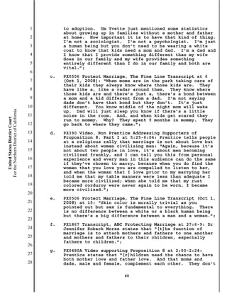 1        to adoption. Um Yvette just mentioned some statistics
                                                    about growing up in families without a mother and father
                                           2        at home. How important it is to have that kind of thing.
                                                    I’m not a sociologist. I’m not a psychologist. I’m just
                                           3        a human being but you don’t need to be wearing a white
                                                    coat to know that kids need a mom and dad. I’m a dad and
                                           4        I know that I provide something different than my wife
                                                    does in our family and my wife provides something
                                           5        entirely different than I do in our family and both are
                                                    vital.”;
                                           6
                                               c.   PX0506 Protect Marriage, The Fine Line Transcript at 6
                                           7        (Oct 1, 2008): “When moms are in the park taking care of
                                                    their kids they always know where those kids are. They
                                           8        have like a, like a radar around them. They know where
                                                    those kids are and there’s just a, there’s a bond between
                                           9        a mom and a kid different from a dad. I’m not saying
                                                    dads don’t have that bond but they don’t. It’s just
                                          10        different. You know middle of the night mom will wake
For the Northern District of California




                                                    up. Dad will just sleep you know if there’s a little
                                          11        noise in the room. And, and when kids get scared they
    United States District Court




                                                    run to mommy. Why? They spent 9 months in mommy. They
                                          12        go back to where they came.”;
                                          13   d.   PX390 Video, Ron Prentice Addressing Supporters of
                                                    Proposition 8, Part I at 5:25-6:04: Prentice tells people
                                          14        at a religious rally that marriage is not about love but
                                                    instead about women civilizing men: “Again, because it’s
                                          15        not about two people in love, it’s about men becoming
                                                    civilized frankly, and I can tell you this from personal
                                          16        experience and every man in this audience can do the same
                                                    if they’ve chosen to marry, because when you do find the
                                          17        woman that you love you are compelled to listen to her,
                                                    and when the woman that I love prior to my marrying her
                                          18        told me that my table manners were less than adequate I
                                                    became more civilized; when she told me that my rust
                                          19        colored corduroy were never again to be worn, I became
                                                    more civilized.”;
                                          20
                                               e.   PX0506 Protect Marriage, The Fine Line Transcript (Oct 1,
                                          21        2008) at 15: “Skin color is morally trivial as you
                                                    pointed out but sex is fundamental to everything. There
                                          22        is no difference between a white or a black human being
                                                    but there’s a big difference between a man and a woman.”;
                                          23
                                               f.   PX1867 Transcript, ABC Protecting Marriage at 27:6-9: Dr
                                          24        Jennifer Roback Morse states that “[t]he function of
                                                    marriage is to attach mothers and fathers to one another
                                          25        and mothers and fathers to their children, especially
                                                    fathers to children.”;
                                          26
                                               g.   PX0480A Video supporting Proposition 8 at 2:00-2:24:
                                          27        Prentice states that “[c]hildren need the chance to have
                                                    both mother love and father love. And that moms and
                                          28        dads, male and female, complement each other. They don’t

                                                                          88
 
