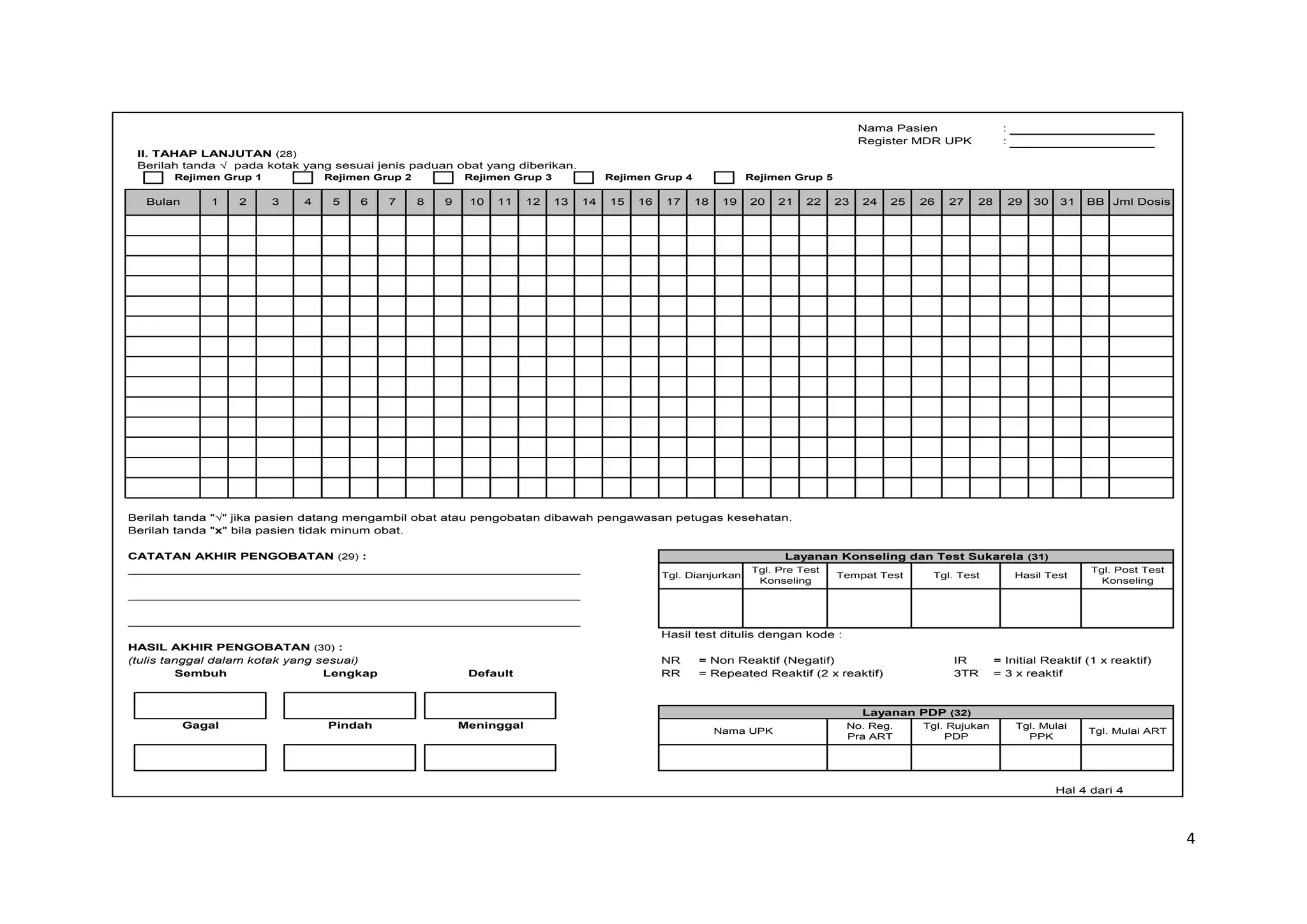 4
Nama Pasien :
Register MDR UPK :
II. TAHAP LANJUTAN (28)
Berilah tanda √ pada kotak yang sesuai jenis paduan obat yang diberikan.
Rejimen Grup 1 Rejimen Grup 2 Rejimen Grup 3 Rejimen Grup 4 Rejimen Grup 5
Berilah tanda "√" jika pasien datang mengambil obat atau pengobatan dibawah pengawasan petugas kesehatan.
Berilah tanda "x" bila pasien tidak minum obat.
CATATAN AKHIR PENGOBATAN (29) :
_____________________________________________________________
_____________________________________________________________
_____________________________________________________________
Hasil test ditulis dengan kode :
HASIL AKHIR PENGOBATAN (30) :
(tulis tanggal dalam kotak yang sesuai) NR = Non Reaktif (Negatif) IR = Initial Reaktif (1 x reaktif)
RR = Repeated Reaktif (2 x reaktif) 3TR = 3 x reaktif
Hal 4 dari 4
Tgl. Mulai
PPK
Tgl. Mulai ART
Gagal Pindah Meninggal
Nama UPK
No. Reg.
Pra ART
Tgl. Rujukan
PDP
Layanan PDP (32)
Sembuh Lengkap Default
20 21 22
Layanan Konseling dan Test Sukarela (31)
Tgl. Dianjurkan
Tgl. Pre Test
Konseling
BB Jml Dosis
28 29 30 31
24 25 26 27
14 15 23
16 17 18 19
8 9 10 11 12 13
Bulan 1 2 3 4 5 6 7
Tempat Test Tgl. Test Hasil Test
Tgl. Post Test
Konseling
 