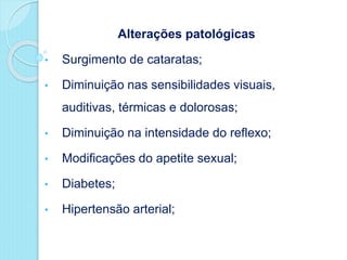 Alterações patológicas
• Surgimento de cataratas;
• Diminuição nas sensibilidades visuais,
auditivas, térmicas e dolorosas;
• Diminuição na intensidade do reflexo;
• Modificações do apetite sexual;
• Diabetes;
• Hipertensão arterial;
 