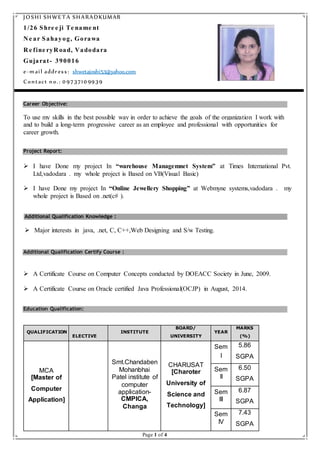 Page 1 of 4
JO SHI SHWET A SHARADKUMAR
1/26 Shre e ji Te name nt
N e ar Sahayog, Gorawa
R e fine ryR oad, Vadodara
Gujarat- 390016
e-m ail addr es s : shwetajoshi53@yahoo.com
Contact no.: 0 973710 9939
CCaarreeeerr OObbjjeeccttiivvee::
To use my skills in the best possible way in order to achieve the goals of the organization I work with
and to build a long-term progressive career as an employee and professional with opportunities for
career growth.
PPrroojjeecctt RReeppoorrtt::
 I have Done my project In “warehouse Managemnet System” at Times International Pvt.
Ltd,vadodara . my whole project is Based on VB(Visual Basic)
 I have Done my project In “Online Jewellery Shopping” at Webmyne systems,vadodara . my
whole project is Based on .net(c# ).
Additional Qualification Knowledge :
 Major interests in java, .net, C, C++,Web Designing and S/w Testing.
AAddddiittiioonnaall QQuuaalliiffiiccaattiioonn CCeerrttiiffyy CCoouurrssee ::
 A Certificate Course on Computer Concepts conducted by DOEACC Society in June, 2009.
 A Certificate Course on Oracle certified Java Professional(OCJP) in August, 2014.
EEdduuccaattiioonn QQuuaalliiffiiccaattiioonn::
QUALIFICATION
ELECTIVE
INSTITUTE
BOARD/
UNIVERSITY
YEAR
MARKS
(%)
MCA
[Master of
Computer
Application]
Smt.Chandaben
Mohanbhai
Patel institute of
computer
application-
CMPICA,
Changa
CHARUSAT
[Charoter
University of
Science and
Technology]
Sem
I
5.86
SGPA
Sem
II
6.50
SGPA
Sem
III
6.87
SGPA
Sem
IV
7.43
SGPA
 