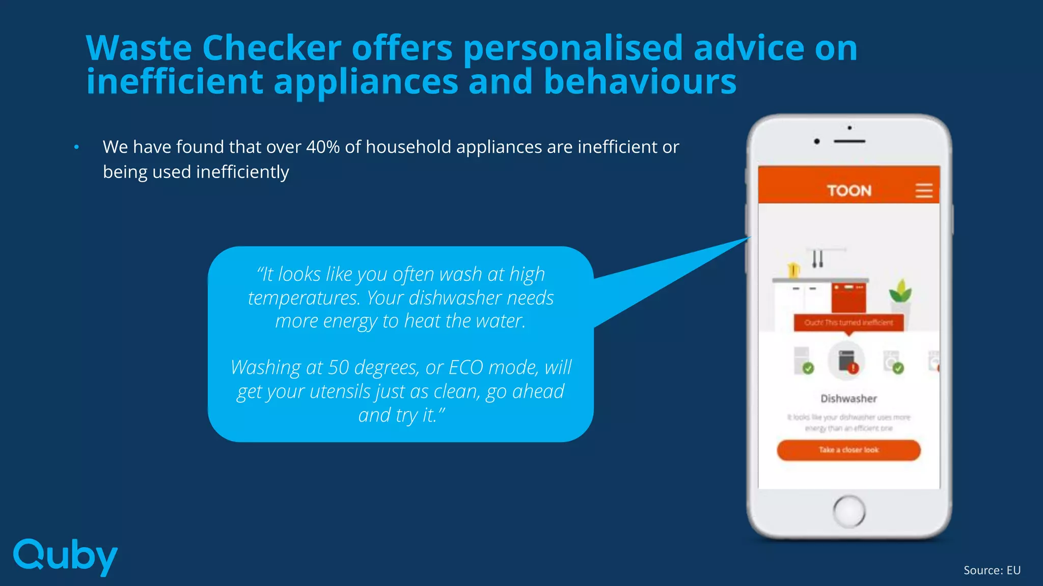 Waste Checker
• We have found that over 40% of household appliances are inefficient or
being used inefficiently
“It looks like you often wash at high
temperatures. Your dishwasher needs
more energy to heat the water.
Washing at 50 degrees, or ECO mode, will
get your utensils just as clean, go ahead
and try it.”
Waste Checker offers personalised advice on
inefficient appliances and behaviours
Source: EU
 