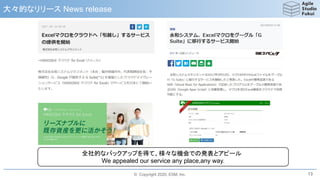 © Copyright 2020, ESM, Inc.
大々的なリリース News release
13
全社的なバックアップを得て、様々な機会での発表とアピール
We appealed our service any place,any way.
 