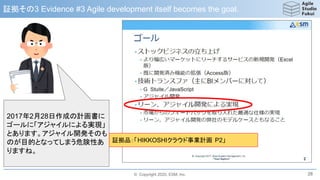 © Copyright 2020, ESM, Inc.
証拠その3 Evidence #3 Agile development itself becomes the goal.
28
2017年2月28日作成の計画書に
ゴールに「アジャイルによる実現」
とあります。アジャイル開発そのも
のが目的となってしまう危険性あ
りますね。
証拠品：「HIKKOSHIクラウド事業計画 P2」
 