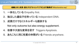 © Copyright 2020, ESM, Inc.
いっしょに「共生進化」する Symbiotic evolution with an organization.
47
1. 一体化している Empathy first.
2. 独立した遺伝子を持っている Independent DNA.
3. 成果だけでなくエネルギーも提供する
Not only outcome but also energy supplement.
4. 改善や大胆な変革を促す Triggers Apoptosis.
5. あちこちに同じ性質の仲間がいる Friends anywhere.
組織と共に成長・進化する「ミトコンドリア式」な行動様式“Mitochondria way”
 
