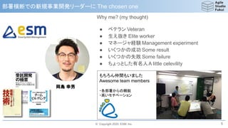 © Copyright 2020, ESM, Inc.
もちろん仲間もいました
Awesome team members
・各部署からの精鋭
・高いモチベーション
部署横断での新規事業開発リーダーに The chosen one
5
岡島 幸男
Why me? (my thought)
● ベテラン Veteran
● 生え抜き Elite worker
● マネージャ経験 Management experiment
● いくつかの成功 Some result
● いくつかの失敗 Some failure
● ちょっとした有名人A little celevility
 