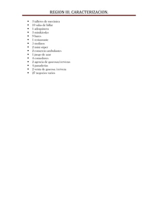 REGION III. CARACTERIZACION.

   3 talleres de mecánica
   10 salas de billar
   1 adoquinera
   3 minikiosko
   9 bares
   1 restaurante
   5 molinos
   2 mini súper
   2 comercio ambulantes
   1 juego de azar
   4 comedores
   2 agencia de gaseosas/cervezas
   4 panaderías
   2 venta de gaseosa /cerveza
   27 negocios varios
 