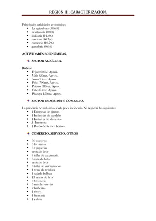 REGION III. CARACTERIZACION.

Principales actividades económicas:
     La agricultura (58.6%)
     la artesanía (0.8%)
     industria (12.6%)
     servicios (16.7%),
     comercio (10.7%)
     ganadería (0.6%)

ACTIVIDADES ECONÓMICAS.

       SECTOR AGRÍCOLA.

Rubros:
    Fríjol 400mz. Aprox.
    Maíz 320mz. Aprox.
    Arroz 25mz. Aprox.
    Piña 1700mz. Aprox.
    Plátano 380mz. Aprox.
    Café 304mz. Aprox.
    Pitahaya 150mz. Aprox.

       SECTOR INDUSTRIA Y COMERCIO.

La presencia de industrias, es de poca incidencia. Se registran las siguientes:
    1 Empresas de pintura
    1 Industrias de candelas
    1 Industria de alimentos
    1 Imprenta
    1 Banco de Semen bovino

       COMERCIO, SERVICIO, OTROS:

      76 pulperías
      5 farmacias
      31 pulperías
      venta de licor
      4 taller de carpintería
      6 salas de billar
      venta de licor
      3 taller de vulcanización
      1 venta de verdura
      1 sala de belleza
      13 ventas de licor
      3 bloqueras
      5 mini ferreterías
      2 barberías
      1 vivero
      1 funeraria
      1 cafetín
 