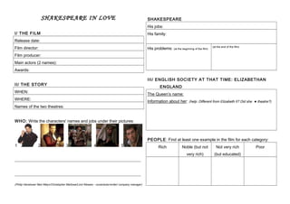 SHAKESPEARE IN LOVE
I/ THE FILM
Release date:
Film director:
Film producer:
Main actors (2 names):
Awards:
II/ THE STORY
W...