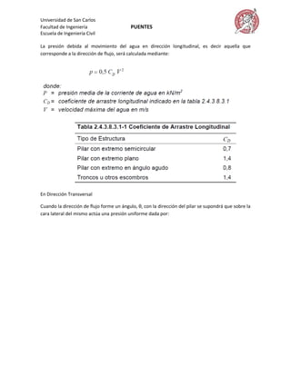 Universidad de San Carlos
Facultad de Ingeniería                    PUENTES
Escuela de Ingeniería Civil

La presión debida al movimiento del agua en dirección longitudinal, es decir aquella que
corresponde a la dirección de flujo, será calculada mediante:




En Dirección Transversal

Cuando la dirección de flujo forme un ángulo, θ, con la dirección del pilar se supondrá que sobre la
cara lateral del mismo actúa una presión uniforme dada por:
 