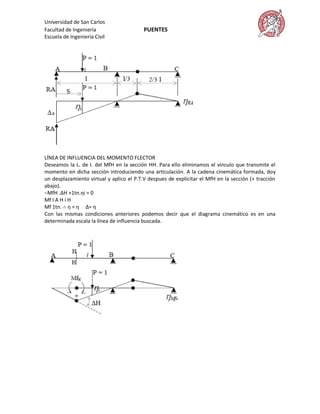 Universidad de San Carlos
Facultad de Ingeniería                    PUENTES
Escuela de Ingeniería Civil




LÍNEA DE INFLUENCIA DEL MOMENTO FLECTOR
Deseamos la L. de I. del MfH en la sección HH. Para ello eliminamos el vínculo que transmite el
momento en dicha sección introduciendo una articulación. A la cadena cinemática formada, doy
un desplazamiento virtual y aplico el P.T.V despues de explicitar el MfH en la sección (+ tracción
abajo).
−MfH .ΔH +1tn.ηi = 0
Mf I A H i H
Mf 1tn. ∴ η = η Δ= η
Con las mismas condiciones anteriores podemos decir que el diagrama cinemático es en una
determinada escala la línea de influencia buscada.
 