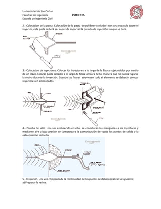 Universidad de San Carlos
Facultad de Ingeniería                     PUENTES
Escuela de Ingeniería Civil

2.- Colocación de la pasta. Colocación de la pasta de poliéster (sellador) con una espátula sobre el
inyector, esta pasta deberá ser capaz de soportar la presión de inyección sin que se bote.




3.- Colocación de inyectores. Colocar los inyectores a lo largo de la fisura sujetándolos por medio
de un clavo. Colocar pasta sellador a lo largo de toda la fisura de tal manera que no pueda fugarse
la resina durante la inyección. Cuando las fisuras atraviesen todo el elemento se deberán colocar
inyectores en ambos lados.




4.- Prueba de sello. Una vez endurecido el sello, se conectaran las mangueras a los inyectores y
mediante aire a baja presión se comprobara la comunicación de todos los puntos de salida y la
estanqueidad del sello.




5.- Inyección. Una vez comprobada la continuidad de los puntos se deberá realizar lo siguiente:
a) Preparar la resina.
 