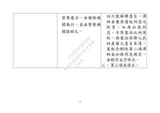 13
營業處分，由稽徵機
關執行，並由警察機
關協助之。
四六號解釋意旨，滯
納金兼具遲延利息之
性 質 ， 如 再 加 徵 利
息，不符憲法比例原
則，與憲法保障人民
財產權之意旨有違，
爰配合刪除第二項滯
納金加徵利息規定，
並酌作文字修正。
三、 第三項未修正。
行
政
院
行
政
院
第
3542次
院
會
會
議
073741FDC7B07D96
 