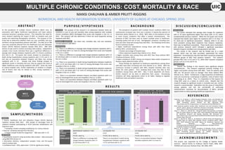 MANSI CHAUHAN & AMBER PRUITT-RIGGINS
BIOMEDICAL AND HEALTH INFORMATION SCIENCES, UNIVERSITY OF ILLINOIS AT CHICAGO, SPRING 2016
MULTIPLE CHRONIC CONDITIONS: COST, MORTALITY & RACE
As the prevalence of multiple chronic conditions (MCC) rises, its
association with higher healthcare expenditures and lower patient
outcomes becomes a growing concern. This intensifies the need for
more research exploring the impact of MCC on hospital costs and
quality and examining demographic variations. The purpose of this
study was to determine whether there are cost, mortality, and race
variations among hospitalized patients with MCC. The data set of 788
cases was randomly selected from the Healthcare Cost and Utilization
Project (HCUP) National Inpatient Sample (NIS) 2012. IBM SPSS
Version 23 was used to conduct secondary data analysis. Independent
samples t-test results indicated there was a significant difference in
average total charges between inpatients with 1-4 chronic conditions
(CC) and 5+ CC. Chi-square test results showed no association in
death during hospitalization among inpatients with 1-4 CC and 5+ CC
and also no association between Hispanic and Black race among
inpatients with 5+ CC. Despite that these findings showed no
significant results in mortality and race, they do support the trend of
higher healthcare costs among inpatients with MCC. Given the need
to control hospital costs, further exploration of variation in charges
and of factors that may be related to MCC among inpatients is
recommended.
DISCUSSION
The results indicated that average total charges for inpatients
with 5+ CC were significantly higher than those with 1-4 CC, which
complemented previous research. While the Chi-square test results
indicated that deaths were higher for inpatients with 5+ CC than 1-4
CC, there was no significant association. Likewise, while 5+ CC was
more prevalent among Black inpatients than Hispanic inpatients,
there was no significant association. These results were inconsistent
with previous research, which indicated a significant association
between Hispanic and Black race among patients with MCC.
The results in this research may be limited due to a small
dataset, which may not have accurately represented the entire
population. Inconsistencies may also have been caused by comparing
different groups of MCC than previous research. This research
grouped MCC into 1-4 CC and 5+ CC, while other research compared
groups, such as 2-3 CC and 4+ CC.
SAMPLE
• Source: Healthcare Cost and Utilization Project (HCUP) National
Inpatient Sample (NIS) 2012 - 20% sample of discharges from all
inpatient hospitals participating in HCUP (excludes rehabilitation and
long term care)
• Sampling: random sampling stratified by U.S. Census Division
• Data set: randomly selected from NIS 2012
• Project sample limited for assignment - 788 cases with 1+ CC
METHODS
• Quantitative research using secondary data analysis - data processed
using IBM SPSS Version 23
• Descriptive statistics, independent samples t-test, and Chi-square
used to analyze data
• Confidence level = 95%, alpha level = 0.05 for significance testing
S A M P L E / M E T H O D S
Friedman, B., & Steiner, C. (2013) Hospital Utilization, Costs, and Mortality for
Adults With Multiple Chronic Conditions, Nationwide Inpatient Sample,
2009. Preventing Chronic Disease, 10, E62. Retrieved from
http://www.ncbi.nlm.nih.gov.proxy.cc.uic.edu/pmc/articles/PMC3652722
HCUP National Inpatient Sample (NIS). Healthcare Cost and Utilization Project
(HCUP). (2012). Agency for Healthcare Research and Quality, Rockville, MD.
Retrieved from http://www.hcup-us.ahrq.gov/nisoverview.jsp
Jiang H. J., Weiss A.J., Barrett M.L., Sheng M. (2015) Characteristics of Hospital
Stays for Super-Utilizers by Payer, 2012. HCUP Statistical Brief #190. Agency
for Healthcare Research and Quality, Rockville, MD. Retrieved from
http://www.hcup-us.ahrq.gov/reports/statbriefs/sb190-Hospital-Stays-Super-
Utilizers-Payer-2012.pdf
Steiner C., Barrett M., Weiss A., & Andrews R. (2014) Trends and Projections in
Hospital Stays for Adults With Multiple Chronic Conditions (MCC), 2003–
2014. HCUP Statistical Brief #183. Agency for Healthcare Research and
Quality. Retrieved from http://www.hcup-
us.ahrq.gov/reports/statbriefs/sb183-Hospitalizations-Multiple-Chronic-
Conditions-Projections-2014.pdf
Ward B. W., & Schiller J. S. (2013) Prevalence of Multiple Chronic Conditions
Among US Adults: Estimates From the National Health Interview Survey,
2010. Preventing Chronic Disease, 10. 120203. Retrieved from
http://www.cdc.gov/Pcd/issues/2013/12_0203.htm
P U R P O S E / H Y P OT H E S E S
PURPOSE The purpose of this research is to determine whether there are
variations in cost of care and mortality rates among inpatients with multiple
chronic conditions (MCC) discharged from acute care hospitals in the U.S. in
2012. This research will also determine if there are racial disparities among
inpatients with MCC.
RESEARCH QUESTION Are there cost, mortality rate, and race variations
among inpatients with MCC?
HYPOTHESES
• H0: There is no difference in average total charges between inpatients with 1-
4 CC and those with 5 or more CC among discharges from acute care hospitals
in the U.S. in 2012.
• H1: There is a difference in average total charges between inpatients with 1-4
CC and those with 5 or more CC among discharges from acute care hospitals in
the U.S. in 2012.
• H0: There is no association in death during hospitalization between inpatients
with 1-4 CC and those with 5 or more CC among discharges from acute care
hospitals in the U.S. in 2012.
• H2: There is an association in death during hospitalization between inpatients
with 1-4 CC and those with 5 or more CC among discharges from acute care
hospitals in the U.S. in 2012.
• H0: There is no association between Hispanic and Black inpatients with 5 or
more CC discharged from acute care hospitals in the U.S. in 2012.
• H3: There is an association between Hispanic and Black inpatients with 5 or
more CC discharged from acute care hospitals in the U.S. in 2012.
MCC
1-4, 5+ CC
RACE
HISPANIC/BLACK
DEATH
DURING
HOSPITALIZATION
TOTAL
CHARGES
MEAN PER
GROUP
A B S T R A C T
M O D E L
D I S C U S S I O N / C O N C LU S I O NB A C KG R O U N D
R E F E R E N C E S
R E S U LT S
The prevalence of patients with multiple chronic conditions (MCC) has
continuously increased over time and is present in twenty-five percent of
Americans adults (Steiner et al., 2014). MCC refers to the existence of two
or more chronic conditions that affect a patient simultaneously. The
presence of MCC has been seen to impact multiple areas in healthcare,
including quality and cost of care. Demographic variations, including race,
have also been observed among those with MCC. The following trends were
found in previous studies:
• Higher healthcare expenditures among those with MCC than those
without MCC, contributed by:
• Greater percentage of hospital stays
• More expensive hospital stays (Steiner et al., 2014)
• Higher mortality rates among those with MCC than those without MCC
(Friedman & Steiner, 2013)
• Higher prevalence of MCC among non-Hispanic black adults compared to
Hispanic adults (Ward & Schiller, 2013)
These findings are significant as healthcare expenditures among those
with MCC have been increasing over time (Steiner et al., 2014). With the
continuous increase in patients with MCC, hospital mortality rates may
follow the same pattern. Thus, studying these areas may help to find
variations among those with MCC. Also, if racial disparities are found,
further research can be done to determine their causes. Discovering
variations will allow appropriate action to be taken, helping to regulate
healthcare costs and patient outcomes.
6
12
0
2
4
6
8
10
12
14
1-4 CC 5+ CC
NUMBEROFPATIENTDEATHS
$32,416
$44,794
$0
$5,000
$10,000
$15,000
$20,000
$25,000
$30,000
$35,000
$40,000
$45,000
$50,000
1-4 CC 5+ CC
AVERAGETOTALCHARGES
A V E R A G E T O T A L C H A R G E S
P E R G R O U P
H I S P A N I C V S . B L A C K
I N P A T I E N T S W I T H 5 + C C
D E A T H S P E R G R O U P
TEST INDEPENDENT SAMPLES T-TEST CHI-SQUARE TEST CHI-SQUARE TEST
P-VALUE 0.002 0.317 0.352
RESULT P<0.05, reject H0 P>0.05, fail to reject H0 P>0.05, fail to reject H0
CONCLUSION There is a difference in average total
charges between inpatients with 1-4
CC and those with 5+ CC.
There is no association in death during
hospitalization between inpatients with
1-4 CC and those with 5+ CC.
There is no association between Hispanic
and Black inpatients with 5 or more CC.
29
49
0
10
20
30
40
50
60
HISPANIC BLACK
NUMBEROFPATIENTS
A C K N O W L E D G E M E N T S
This project was supported by the College of Applied Health
Sciences. Special thanks to Professor Valerie Prater, MBA, RHIT,
FAHIMA and instructor Shaheen Khan, MS, MBA, MPH.
CONCLUSION
Overall, the findings in this research were significant despite
inconsistencies. This research supported previous findings of a
higher cost burden among those with MCC. Costs for patients with
MCC are “20 percent more on average” than those without MCC
(Steiner et al., 2014). Furthermore, a large proportion of healthcare
costs are incurred by a small group of patients, many of which have
MCC (Jiang et al., 2015). Thus, it is imperative to find reasons for
rising MCC cases as a means to control costs. Despite that this
research showed no significant results in mortality and race, further
research is recommended. Exploration into the cause of rising MCCs
among patients, and into the cost-benefit of continuing
reimbursement incentives for documentation of MCCs, present
opportunities to reduce growing healthcare expenditures.
 