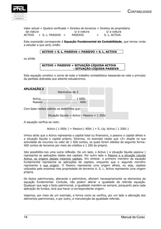 CONTABILIDADE


Valor actual + Quebra verificada = Direitos de terceiros + Direitos do proprietário
 da viatura                           s/ a viatura              s/ a viatura
ACTIVO     + S. L. PASSIVA =        PASSIVO              +    S. L. ACTIVA

Esta expressão corresponde à Equação Fundamental da Contabilidade, que temos vindo
a estudar e que será, então:

              ACTIVO + S. L. PASSIVA = PASSIVO + S. L. ACTIVA

ou ainda

              ACTIVO = PASSIVO + SITUAÇÃO LÍQUIDA ACTIVA
                                - SITUAÇÃO LÍQUIDA PASSIVA

Esta equação constitui o cerne de todo o trabalho contabilístico baseando-se nela o princípio
da partidas dobradas que adiante estudaremos.


APLICAÇÃO 3
                          Património de Z

       Activo ………………………………………… 1 600c
       Passivo ………………………………………… 400c

Com base nestes valores se determina que:

                  Situação líquida = Activo - Passivo = 1 200c

A equação verifica-se visto:

                  Activo ( 1 600c ) = Passivo ( 400c ) + S. Líq. Activa ( 1 200c )

Vimos atrás que o Activo representa o capital total ou financeiro, o passivo o capital alheio e
a situação líquida o capital próprio. Diremos, no exemplo citado que «Z» dispõe na sua
actividade de recursos no valor de 1 600 contos, os quais foram obtidos da seguinte forma:
400 contos de terceiros por meio de créditos e 1 200 do próprio.

Isto possibilita-nos uma outra reflexão. De um lado, o Activo ( e situação líquida passiva )
representa as aplicações dadas aos capitais. Por outro lado o Passivo e a situação Líquida
Activa, as origens desses mesmos capitais. Em síntese: o primeiro membro da equação
fundamental representa as aplicações de capitais, enquanto que o segundo membro
representa a sua origem. O Passivo representa uma origem alheia, ou seja, capitais
utilizados pela empresa mas propriedade de terceiros A. S. L. Activa representa uma origem
própria.

Os factos patrimoniais, alterando o património, afectam necessariamente os elementos da
equação fundamental. Contudo, não podem alterar a igualdade da referida equação.
Qualquer que seja o facto patrimonial, a igualdade mantém-se sempre, porquanto para cada
aplicação de fundos, terá que haver a correspondente origem.

Vejamos, por meio de um exemplo, a forma como se verifica, por um lado a alteração dos
elementos patrimoniais, e por outro, a manutenção da igualdade referida.




14                                                                          Manual de Curso
 