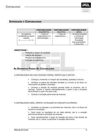 CONTABILIDADE




  INTRODUÇÃO      À   CONTABILIDADE


                                      CONTABILIDADE         CONTABILIDADE         CONTABILIDADE
                                        ORÇAMENTAL              ANALÍTICA                GERAL
                 Os sistemas              ...Todos os           ...Todos os      ...Às administrações
           contabilísticos dizem       responsáveis e à      responsáveis.....        e a título de
                    respeito           administração.....                             informação
            a ................µµ µµ                                                    Ao pessoal
                                                                                   Aos proprietários
                                                                                      A tesouraria


       OBJECTIVOS :
                      Montante e origem do resultado
                      Justeza das decisões
                      Posições perante terceiros
                      Evolução do património




       AS DIFERENTES FORMAS DA CONTABILIDADE

       A CONTABILIDADE NAS SUAS DIVERSAS FORMAS, PERMITE QUE O GESTOR:

                          •   Conheça o montante e a origem dos resultados, passados e futuros.
                          • Verifique a justeza das decisões tomadas ou a tomar (é de facto um
                          instrumento de gestão e previsão).
                          • Conheça a posição da empresa perante todos os terceiros, isto é,
                          conheça sempre e mesmo antecipadamente a quem é que a empresa
                          deve dinheiro e quem lho deve a ela.
                          •   Controle a evolução patrimonial da empresa.




       A CONTABILIDADE GERAL, PERMITE, EM RELAÇÃO AO CONJUNTO DA EMPRESA:

                          • Constatar os encargos e os proveitos por natureza, isto é, os fluxos de
                          consumo e produção.
                          • Fazer surgir os resultados de um dado período, isto é, a variação
                          patrimonial devida à actividade da empresa.
                          • Fazer periodicamente o ponto de situação dos bens e das dívidas da
                          empresa, isto é, indicar e quantificar a situação patrimonial.




       Manual de Curso                                                                             5
 