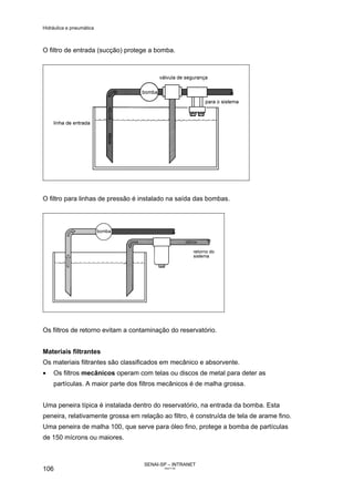 Hidráulica e pneumática
SENAI-SP – INTRANET
AA217-05
106
O filtro de entrada (sucção) protege a bomba.
O filtro para linhas de pressão é instalado na saída das bombas.
Os filtros de retorno evitam a contaminação do reservatório.
Materiais filtrantes
Os materiais filtrantes são classificados em mecânico e absorvente.
• Os filtros mecânicos operam com telas ou discos de metal para deter as
partículas. A maior parte dos filtros mecânicos é de malha grossa.
Uma peneira típica é instalada dentro do reservatório, na entrada da bomba. Esta
peneira, relativamente grossa em relação ao filtro, é construída de tela de arame fino.
Uma peneira de malha 100, que serve para óleo fino, protege a bomba de partículas
de 150 mícrons ou maiores.
 