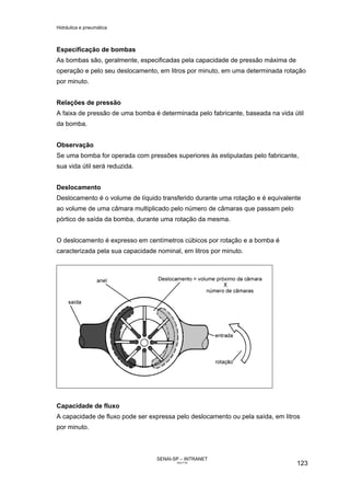 Hidráulica e pneumática
SENAI-SP – INTRANET
AA217-05
123
Especificação de bombas
As bombas são, geralmente, especificadas pela capacidade de pressão máxima de
operação e pelo seu deslocamento, em litros por minuto, em uma determinada rotação
por minuto.
Relações de pressão
A faixa de pressão de uma bomba é determinada pelo fabricante, baseada na vida útil
da bomba.
Observação
Se uma bomba for operada com pressões superiores às estipuladas pelo fabricante,
sua vida útil será reduzida.
Deslocamento
Deslocamento é o volume de líquido transferido durante uma rotação e é equivalente
ao volume de uma câmara multiplicado pelo número de câmaras que passam pelo
pórtico de saída da bomba, durante uma rotação da mesma.
O deslocamento é expresso em centímetros cúbicos por rotação e a bomba é
caracterizada pela sua capacidade nominal, em litros por minuto.
Capacidade de fluxo
A capacidade de fluxo pode ser expressa pelo deslocamento ou pela saída, em litros
por minuto.
 