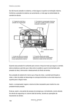 Hidráulica e pneumática
SENAI-SP – INTRANET
AA217-05
134
Se não houver pressão no sistema, a mola segura o suporte na inclinação máxima.
Conforme a pressão do sistema vai aumentando, a mola age na extremidade do
carretel da válvula.
Quando essa pressão for suficiente para vencer a força da mola que segura o carretel,
este se desloca e permite que o óleo entre no pistão (o qual é movimentado pela
pressão do óleo), diminuindo o deslocamento do fluido da bomba.
Se a pressão do sistema for menor que a força da mola, o carretel será forçado a
voltar, o óleo do pistão se descarrega na carcaça da bomba e uma mola empurra o
suporte para o ângulo maior.
Assim, o compensador regula o volume do óleo necessário para manter ter uma
predeterminada pressão.
Evita-se, assim, uma perda de excesso de energia que, normalmente, ocorre através
da válvula de segurança no volume total da bomba, durante as operações de
travamento do cilindro.
 