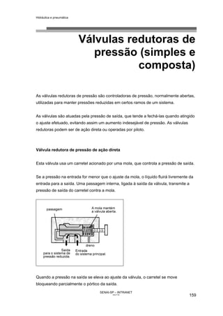 Hidráulica e pneumática
SENAI-SP – INTRANET
AA217-05
159
Válvulas redutoras de
pressão (simples e
composta)
As válvulas redutoras de pressão são controladoras de pressão, normalmente abertas,
utilizadas para manter pressões reduzidas em certos ramos de um sistema.
As válvulas são atuadas pela pressão de saída, que tende a fechá-las quando atingido
o ajuste efetuado, evitando assim um aumento indesejável de pressão. As válvulas
redutoras podem ser de ação direta ou operadas por piloto.
Válvula redutora de pressão de ação direta
Esta válvula usa um carretel acionado por uma mola, que controla a pressão de saída.
Se a pressão na entrada for menor que o ajuste da mola, o líquido fluirá livremente da
entrada para a saída. Uma passagem interna, ligada à saída da válvula, transmite a
pressão de saída do carretel contra a mola.
Quando a pressão na saída se eleva ao ajuste da válvula, o carretel se move
bloqueando parcialmente o pórtico da saída.
 