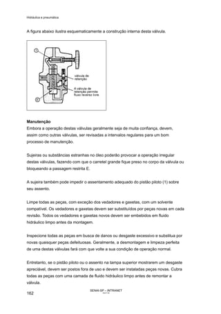 Hidráulica e pneumática
SENAI-SP – INTRANET
AA217-05
162
A figura abaixo ilustra esquematicamente a construção interna desta válvula.
Manutenção
Embora a operação destas válvulas geralmente seja de muita confiança, devem,
assim como outras válvulas, ser revisadas a intervalos regulares para um bom
processo de manutenção.
Sujeiras ou substâncias estranhas no óleo poderão provocar a operação irregular
destas válvulas, fazendo com que o carretel grande fique preso no corpo da válvula ou
bloqueando a passagem restrita E.
A sujeira também pode impedir o assentamento adequado do pistão piloto (1) sobre
seu assento.
Limpe todas as peças, com exceção dos vedadores e gaxetas, com um solvente
compatível. Os vedadores e gaxetas devem ser substituídos por peças novas em cada
revisão. Todos os vedadores e gaxetas novos devem ser embebidos em fluido
hidráulico limpo antes da montagem.
Inspecione todas as peças em busca de danos ou desgaste excessivo e substitua por
novas quaisquer peças defeituosas. Geralmente, a desmontagem e limpeza perfeita
de uma destas válvulas fará com que volte a sua condição de operação normal.
Entretanto, se o pistão piloto ou o assento na tampa superior mostrarem um desgaste
apreciável, devem ser postos fora de uso e devem ser instaladas peças novas. Cubra
todas as peças com uma camada de fluido hidráulico limpo antes de remontar a
válvula.
 